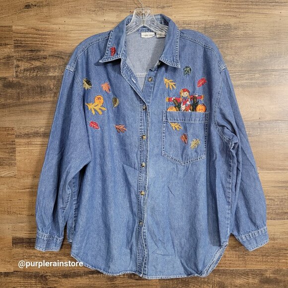 Vtg Cabin Creek Denim Shirt Size 20 Embroidered Fall Pumpkins Scarecrow Leaves - Picture 1 of 13